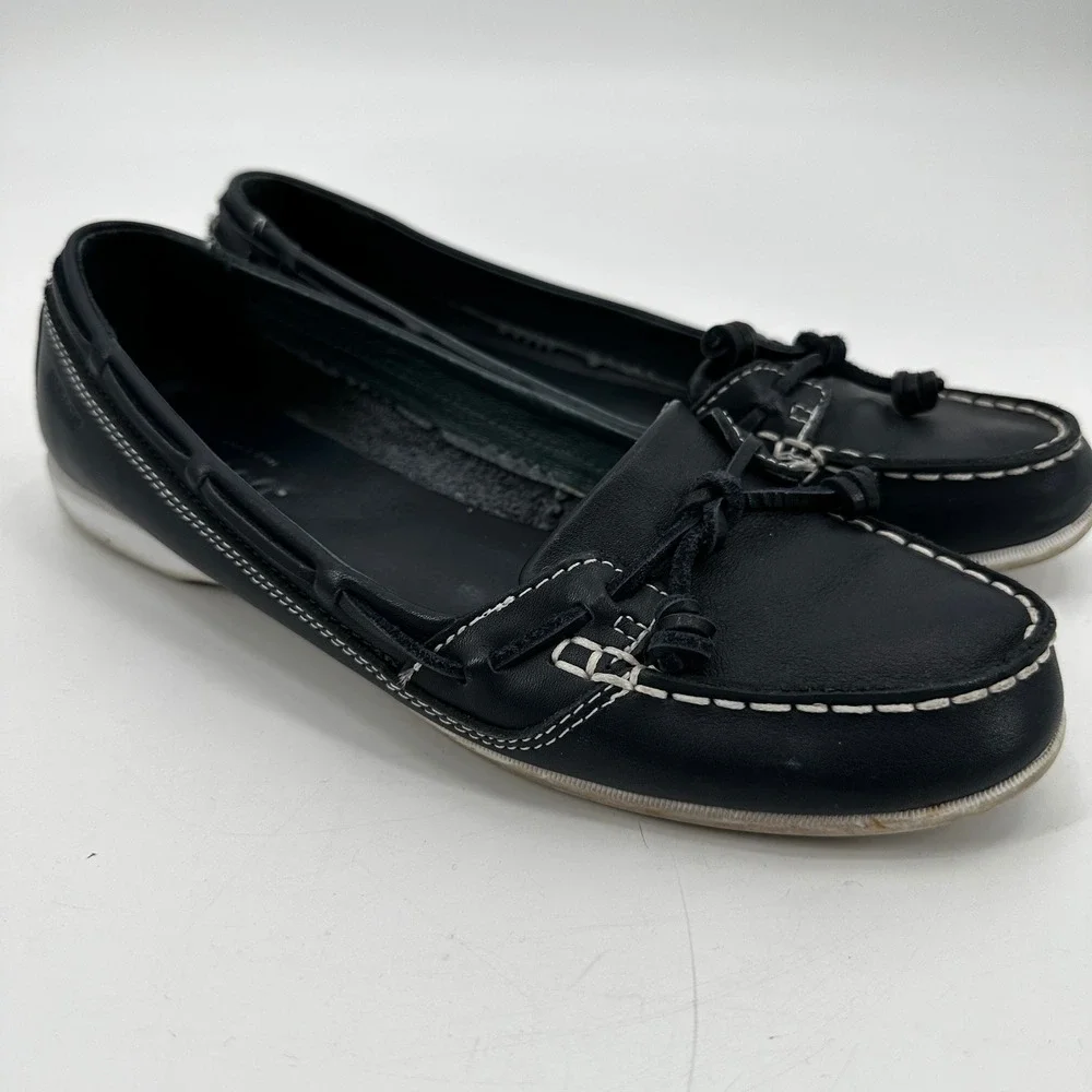 Sebago Women Black Leather‎ Boat Shoes Slip On Loafers Size 9.5